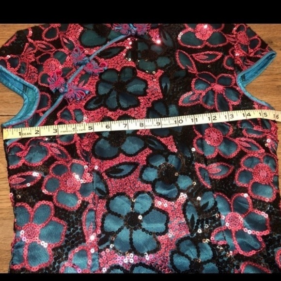Vintage sequined cheongsam qipao dress floral print metallic sparkly - Picture 5 of 9